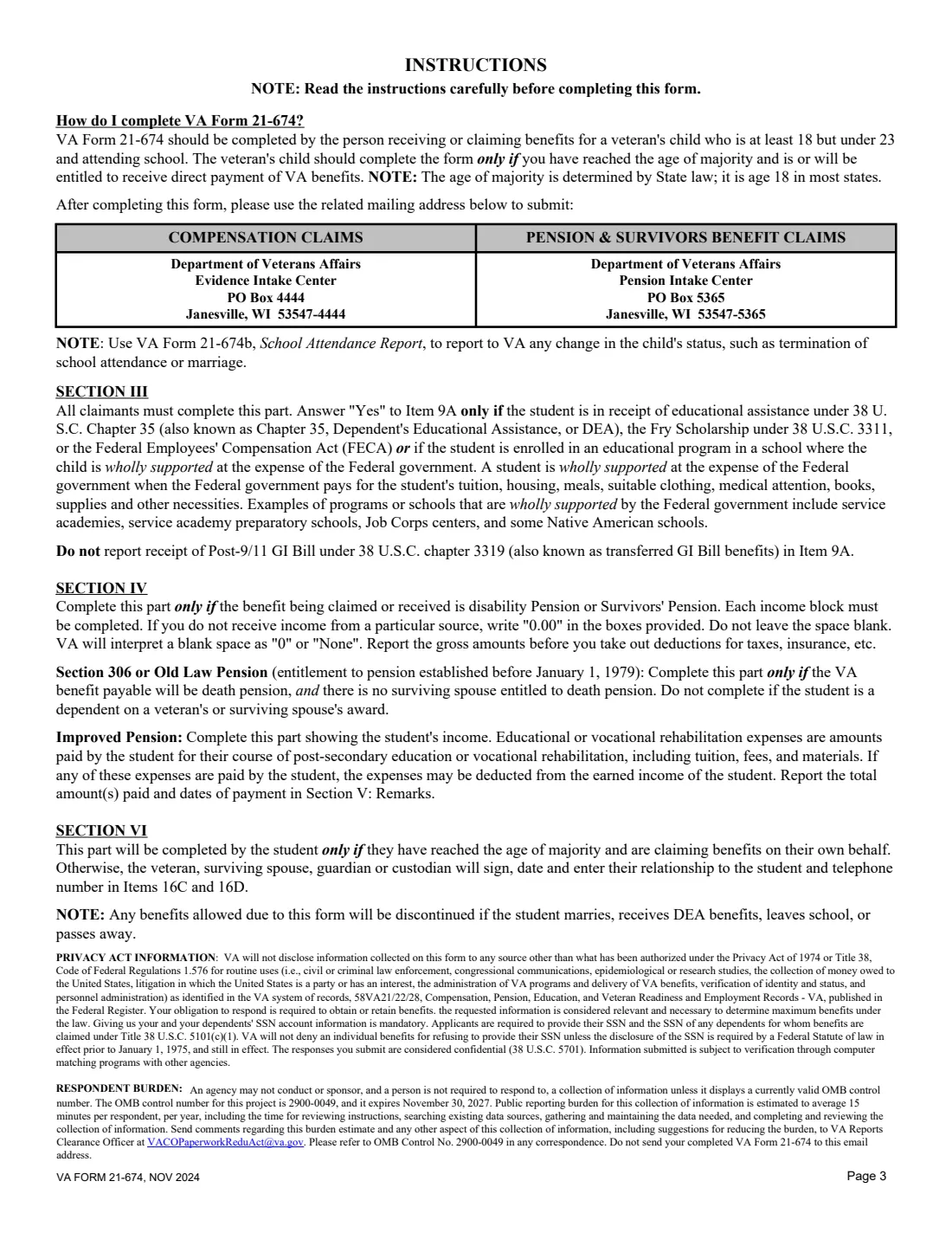 VA Form 21-674 (2024) Request for Approval of School Attendance — page 3 of 3