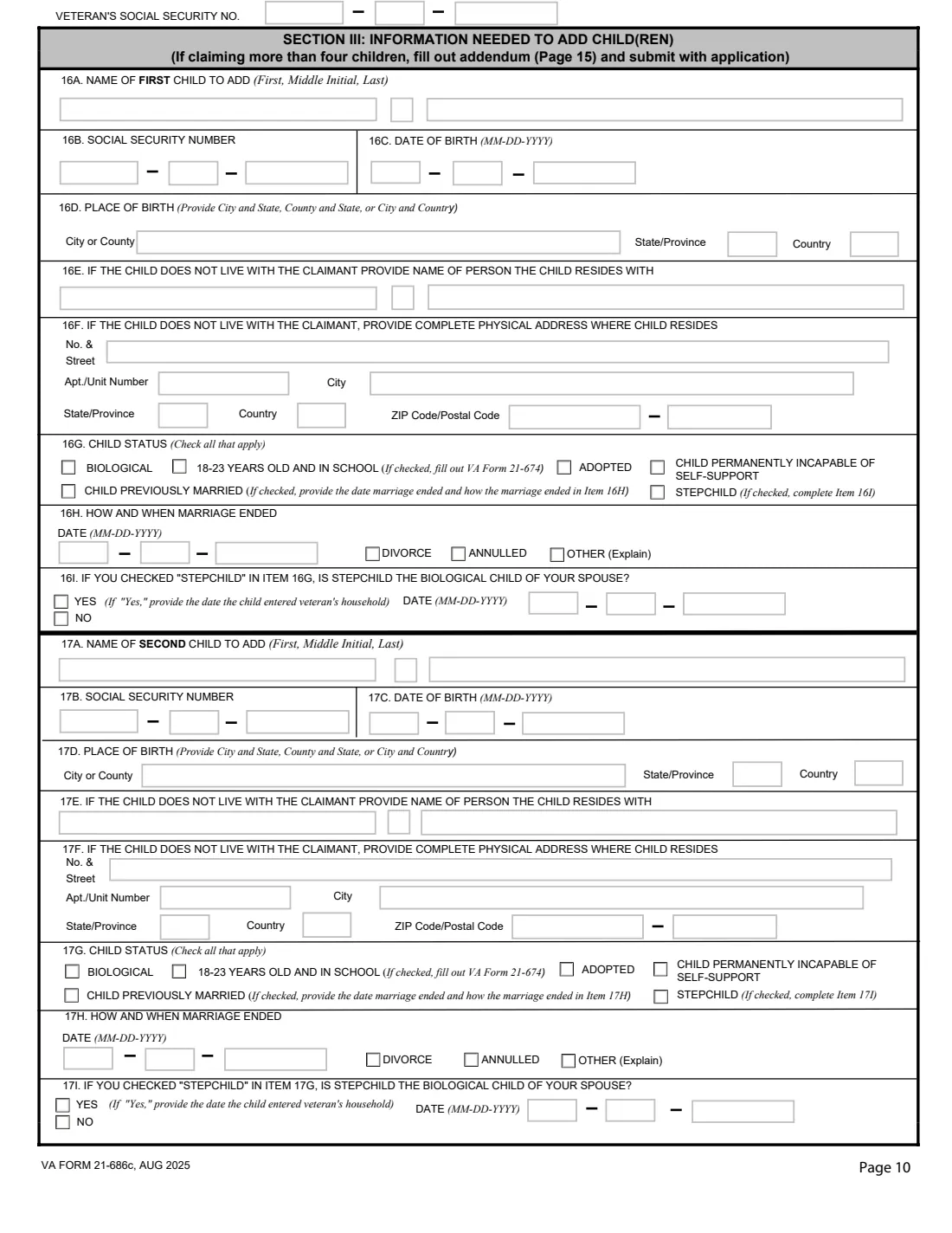 VA Form 21-686c (2025) Application Request to Add and/or Remove Dependents — page 10 of 15