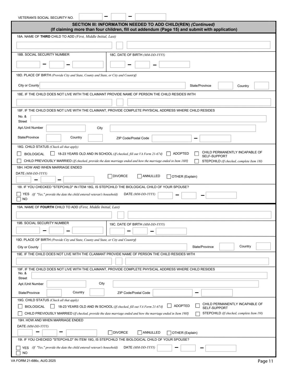 VA Form 21-686c (2025) Application Request to Add and/or Remove Dependents — page 11 of 15