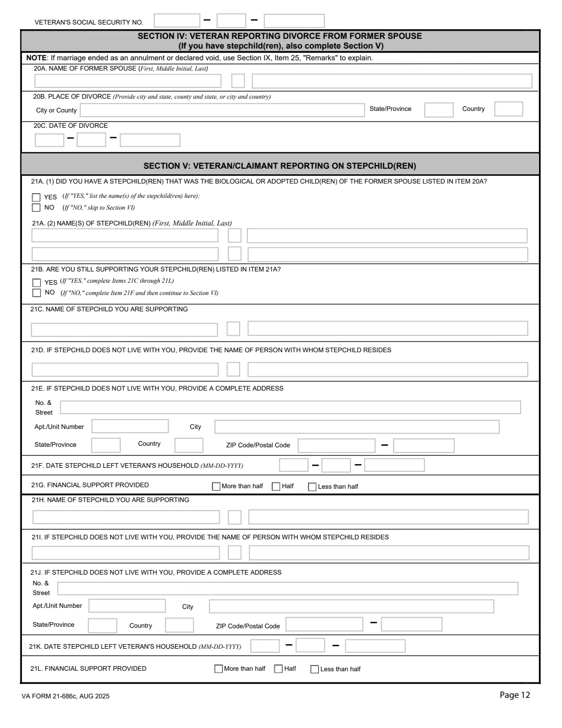 VA Form 21-686c (2025) Application Request to Add and/or Remove Dependents — page 12 of 15