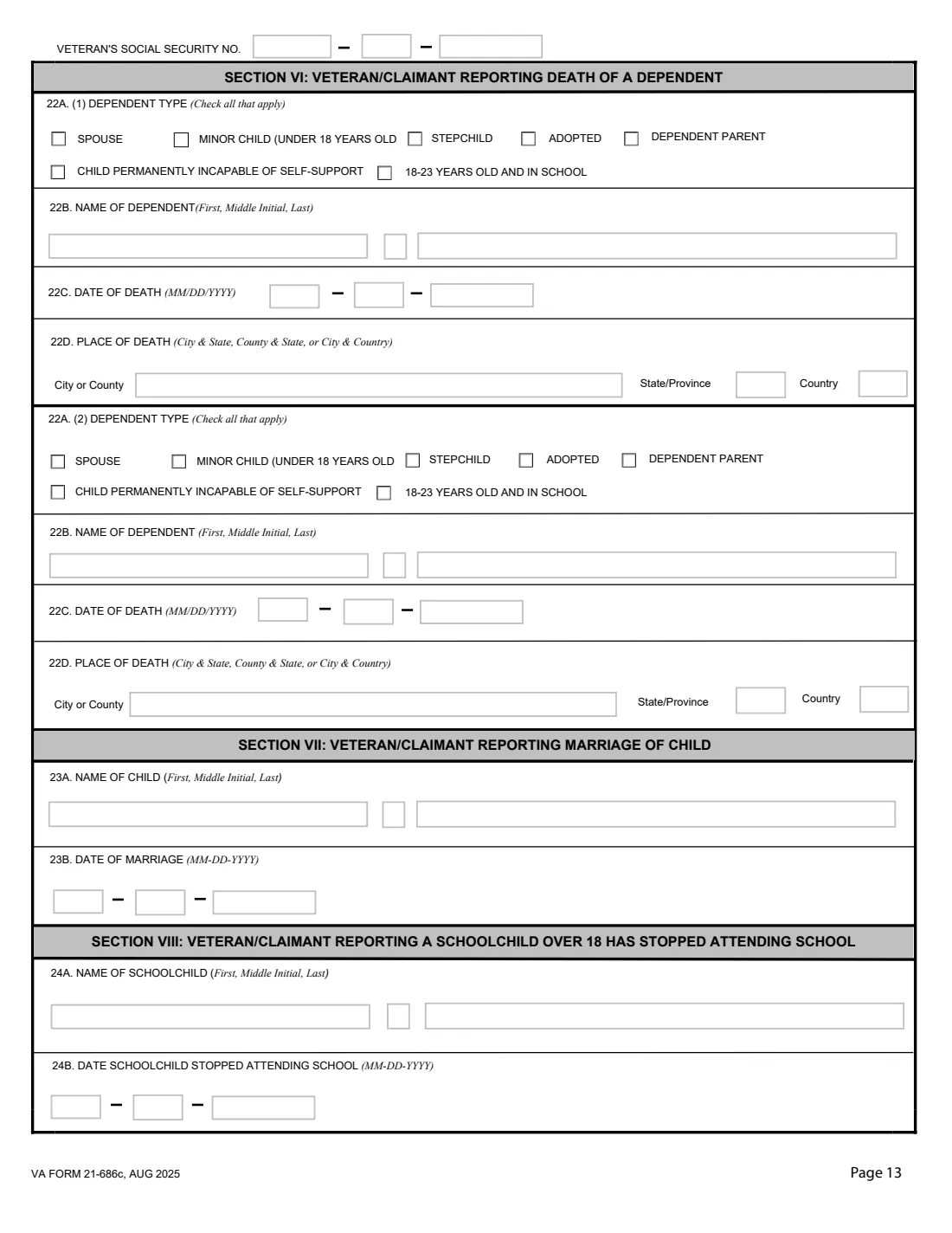 VA Form 21-686c (2025) Application Request to Add and/or Remove Dependents — page 13 of 15