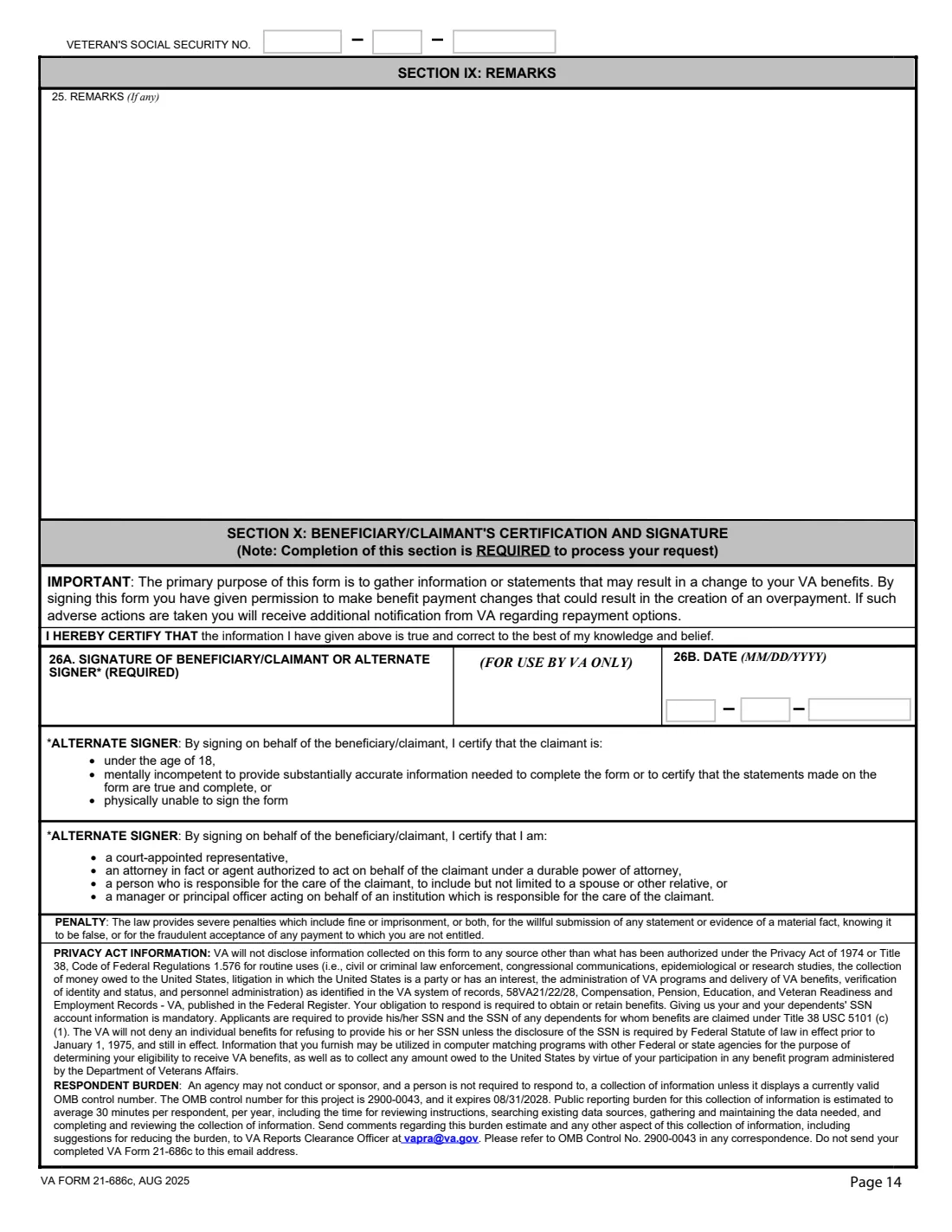 VA Form 21-686c (2025) Application Request to Add and/or Remove Dependents — page 14 of 15