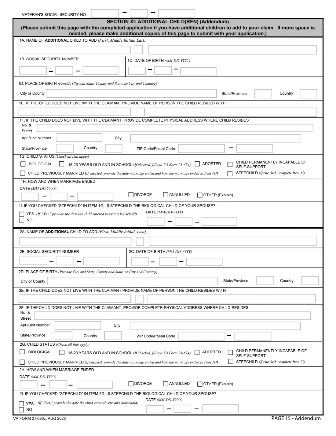 VA Form 21-686c (2025) Application Request to Add and/or Remove Dependents — page 15 of 15