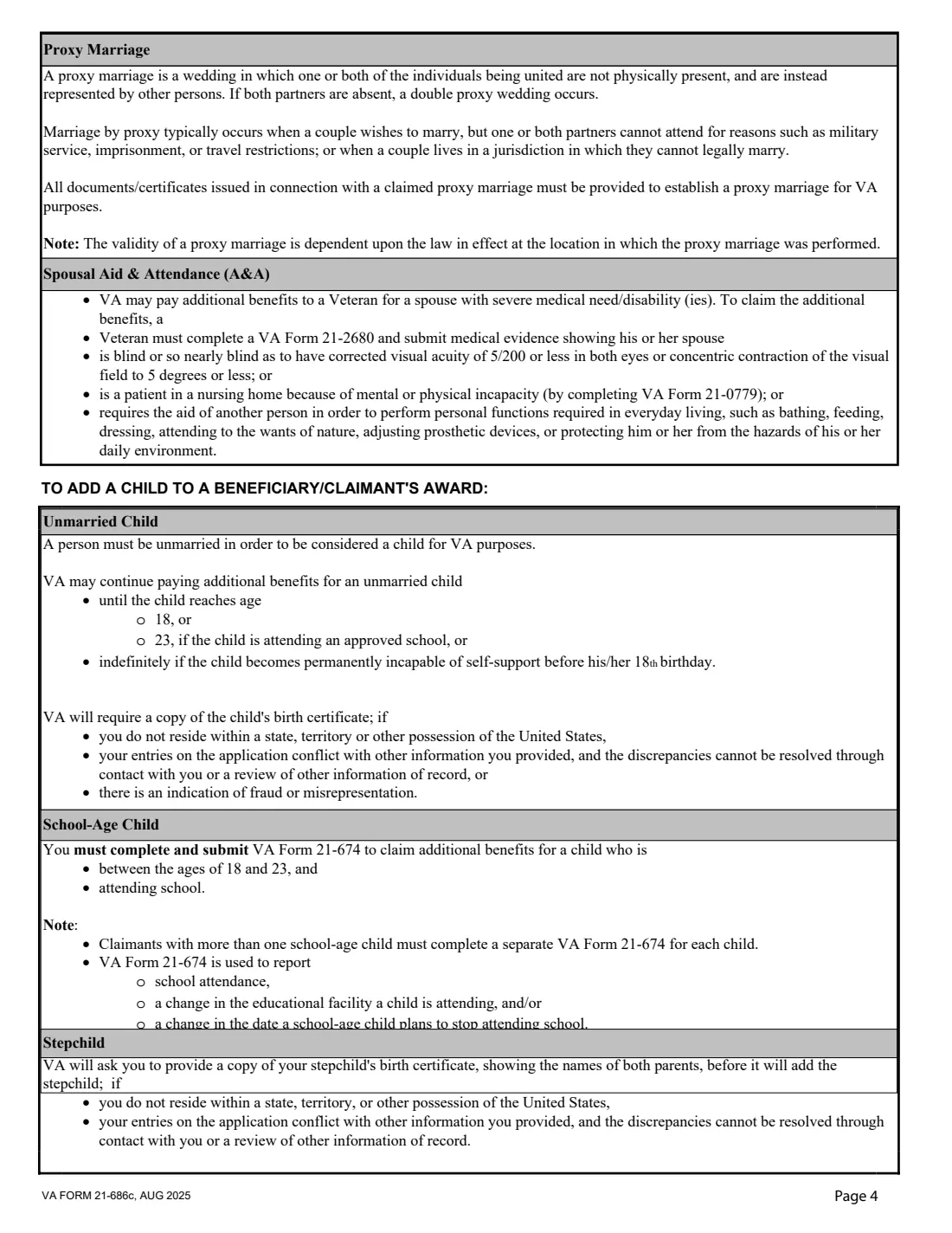 VA Form 21-686c (2025) Application Request to Add and/or Remove Dependents — page 4 of 15