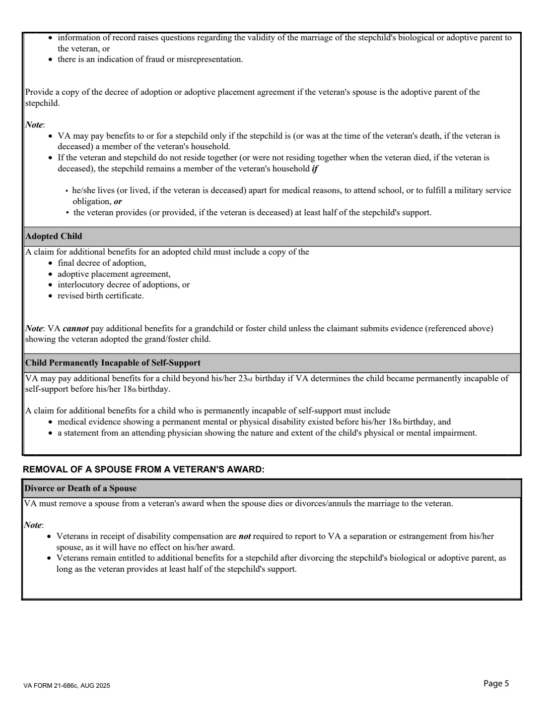 VA Form 21-686c (2025) Application Request to Add and/or Remove Dependents — page 5 of 15