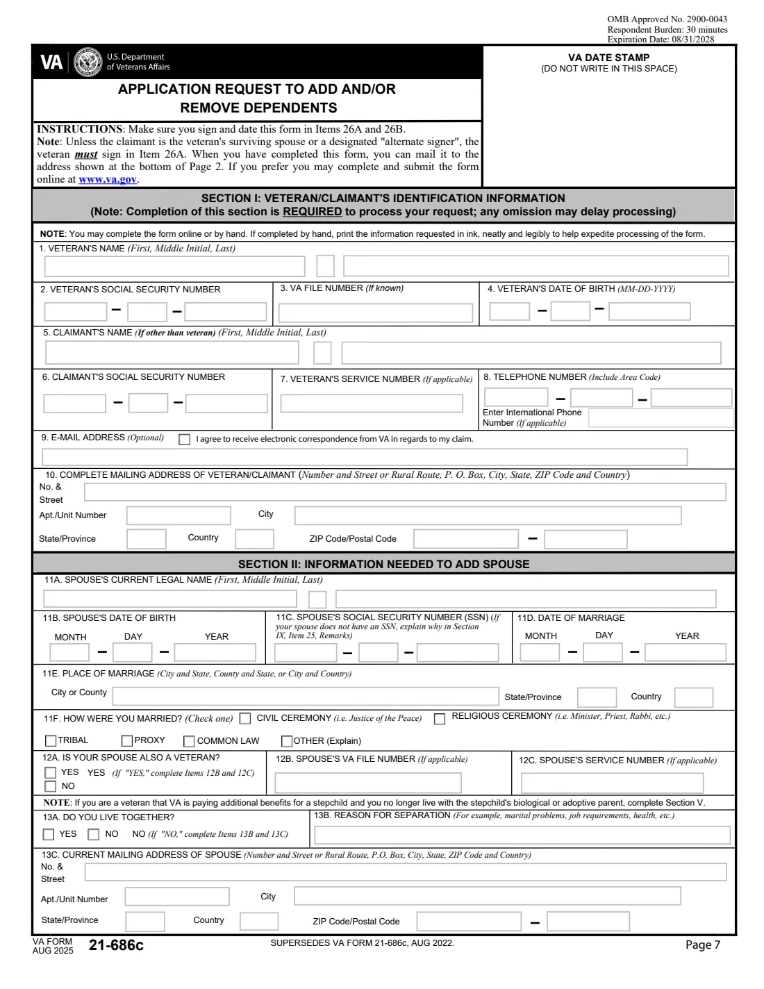 VA Form 21-686c (2025) Application Request to Add and/or Remove Dependents — page 7 of 15