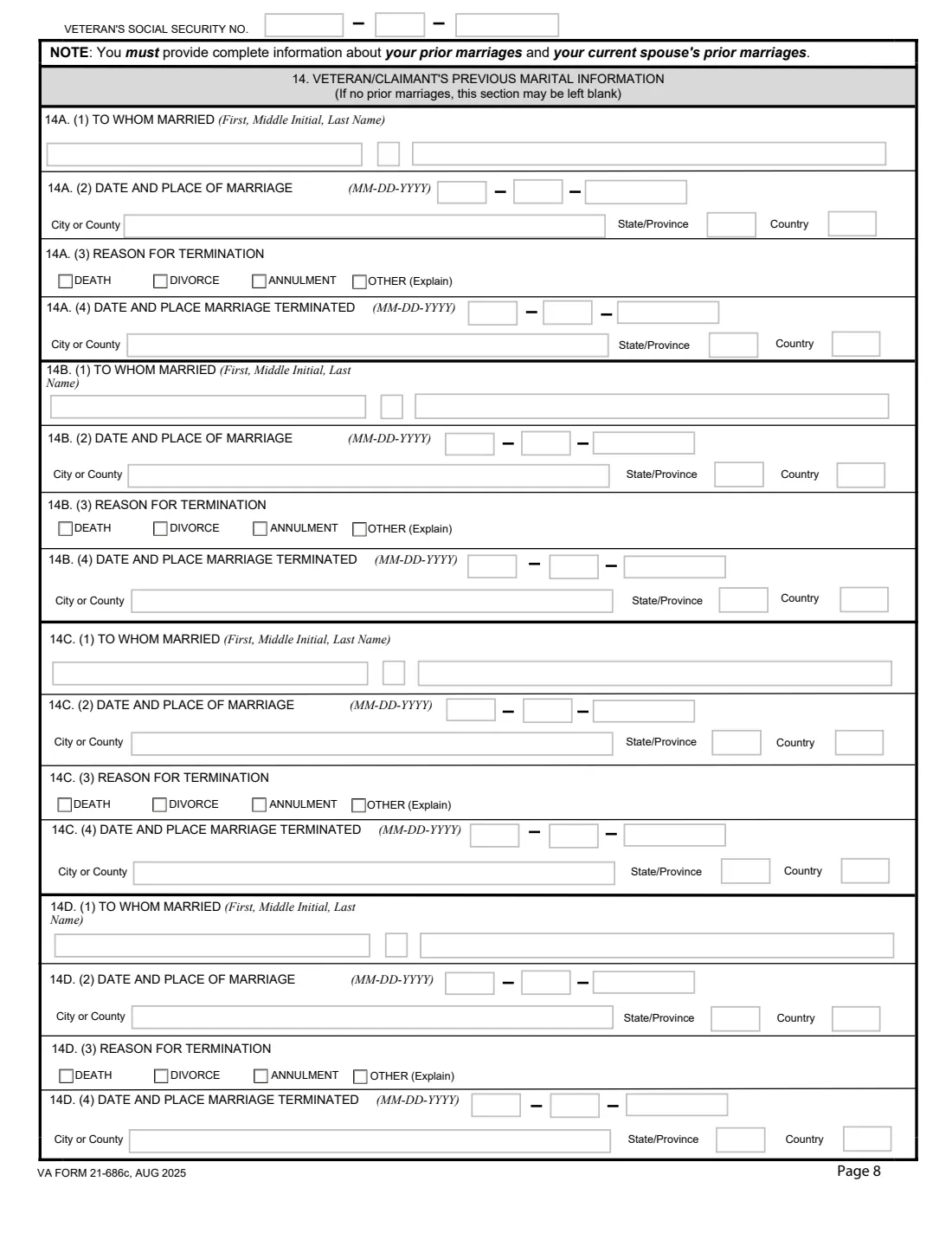 VA Form 21-686c (2025) Application Request to Add and/or Remove Dependents — page 8 of 15