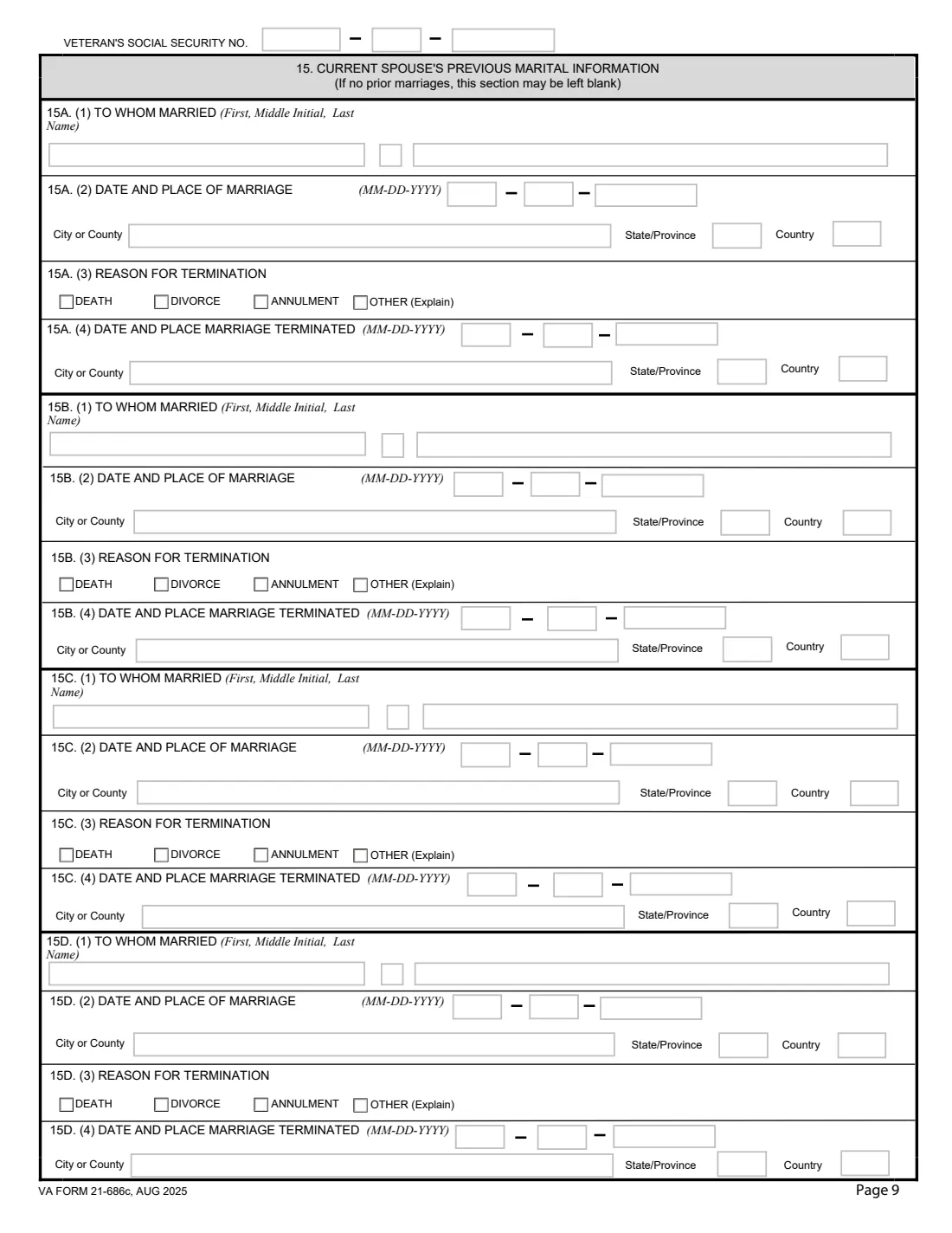 VA Form 21-686c (2025) Application Request to Add and/or Remove Dependents — page 9 of 15