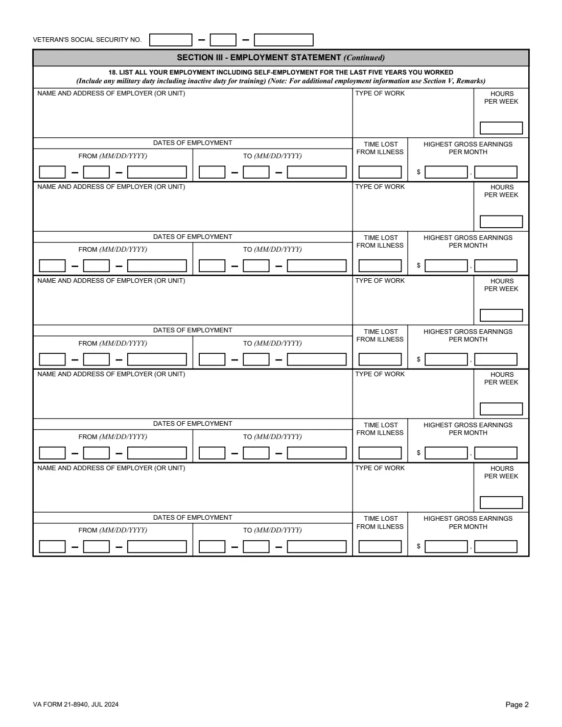 VA Form 21-8940 (2024) Veteran's Application for Increased Compensation Based on Unemployability — page 2 of 4