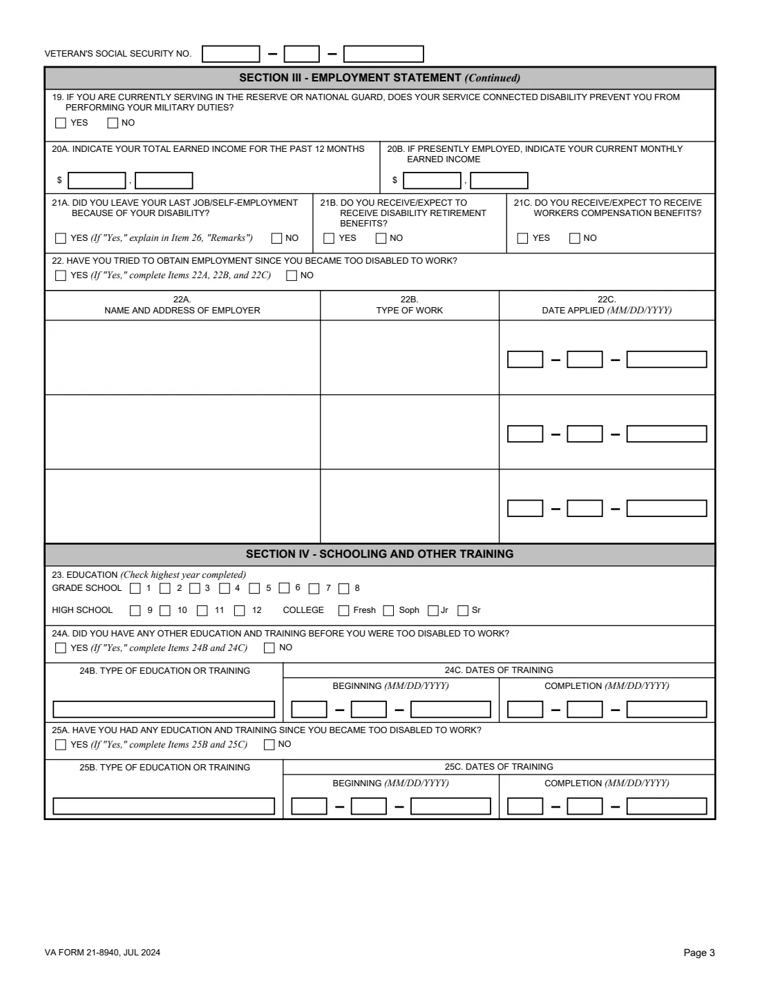 VA Form 21-8940 (2024) Veteran's Application for Increased Compensation Based on Unemployability — page 3 of 4