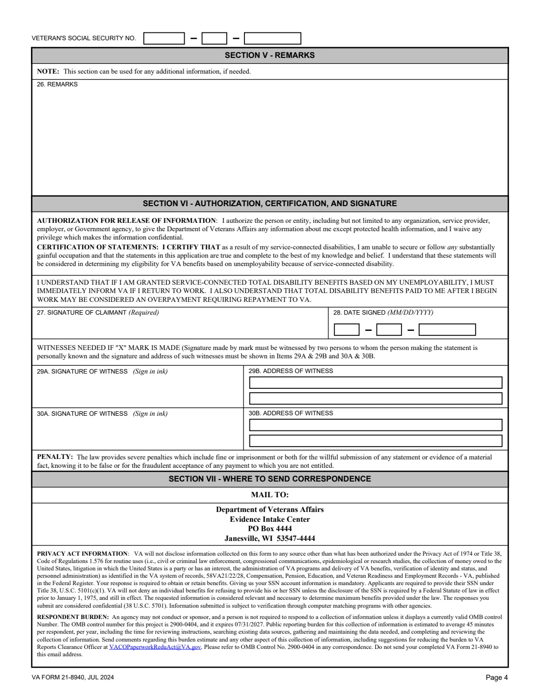 VA Form 21-8940 (2024) Veteran's Application for Increased Compensation Based on Unemployability — page 4 of 4