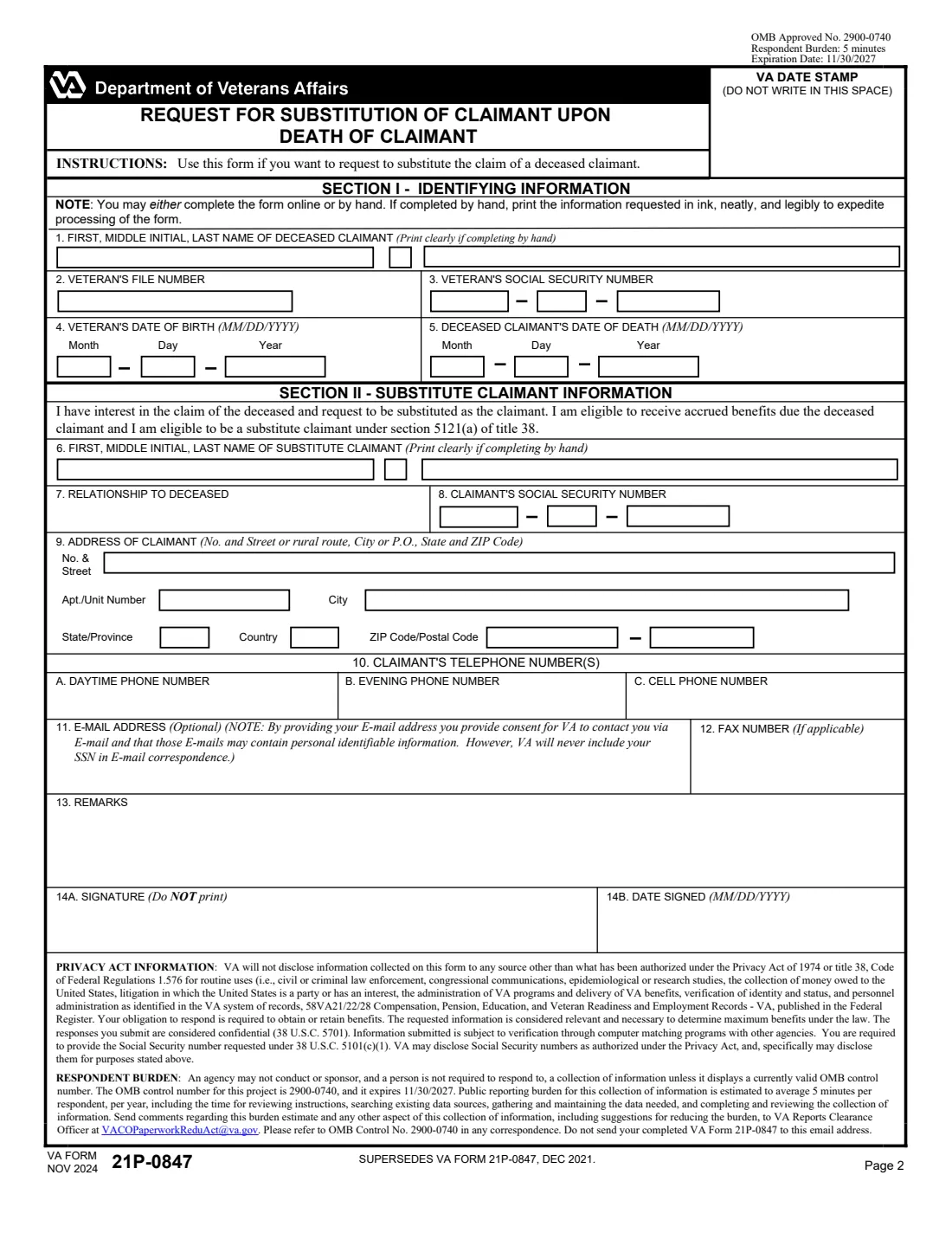 VA Form 21P-0847 (2024) Request for Substitution of Claimant upon Death of Claimant — page 2 of 2