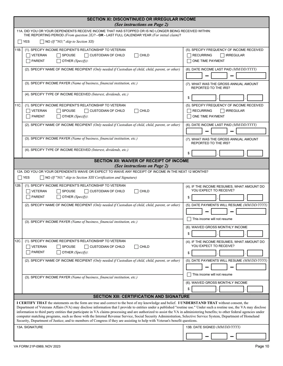 VA Form 21P-0969 (2023) Income and Asset Statement in Support of Claim for Pension or Parents' Dependency and Indemnity Compensation (DIC) — page 10 of 11