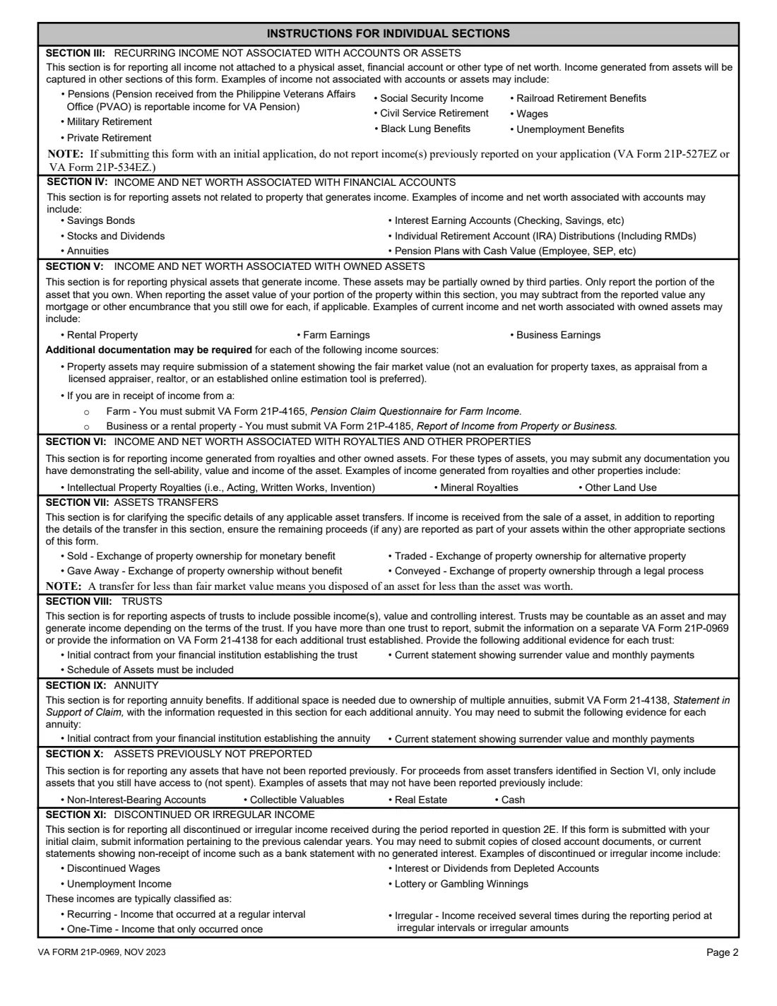 VA Form 21P-0969 (2023) Income and Asset Statement in Support of Claim for Pension or Parents' Dependency and Indemnity Compensation (DIC) — page 2 of 11