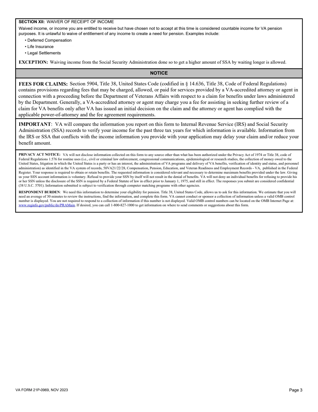 VA Form 21P-0969 (2023) Income and Asset Statement in Support of Claim for Pension or Parents' Dependency and Indemnity Compensation (DIC) — page 3 of 11