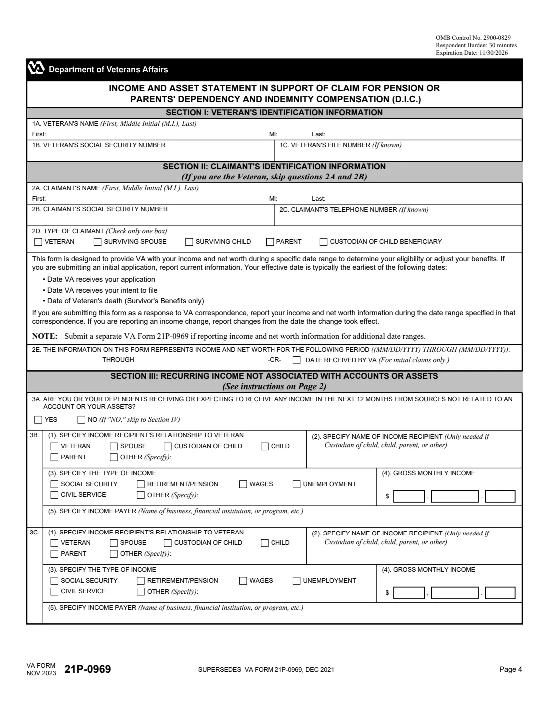 VA Form 21P-0969 (2023) Income and Asset Statement in Support of Claim for Pension or Parents' Dependency and Indemnity Compensation (DIC) — page 4 of 11