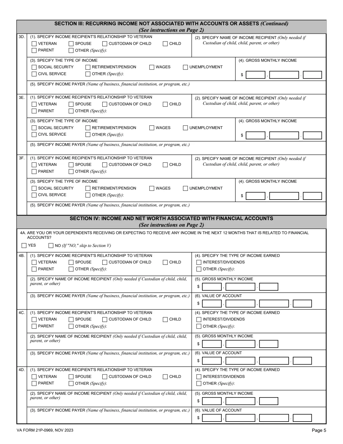 VA Form 21P-0969 (2023) Income and Asset Statement in Support of Claim for Pension or Parents' Dependency and Indemnity Compensation (DIC) — page 5 of 11