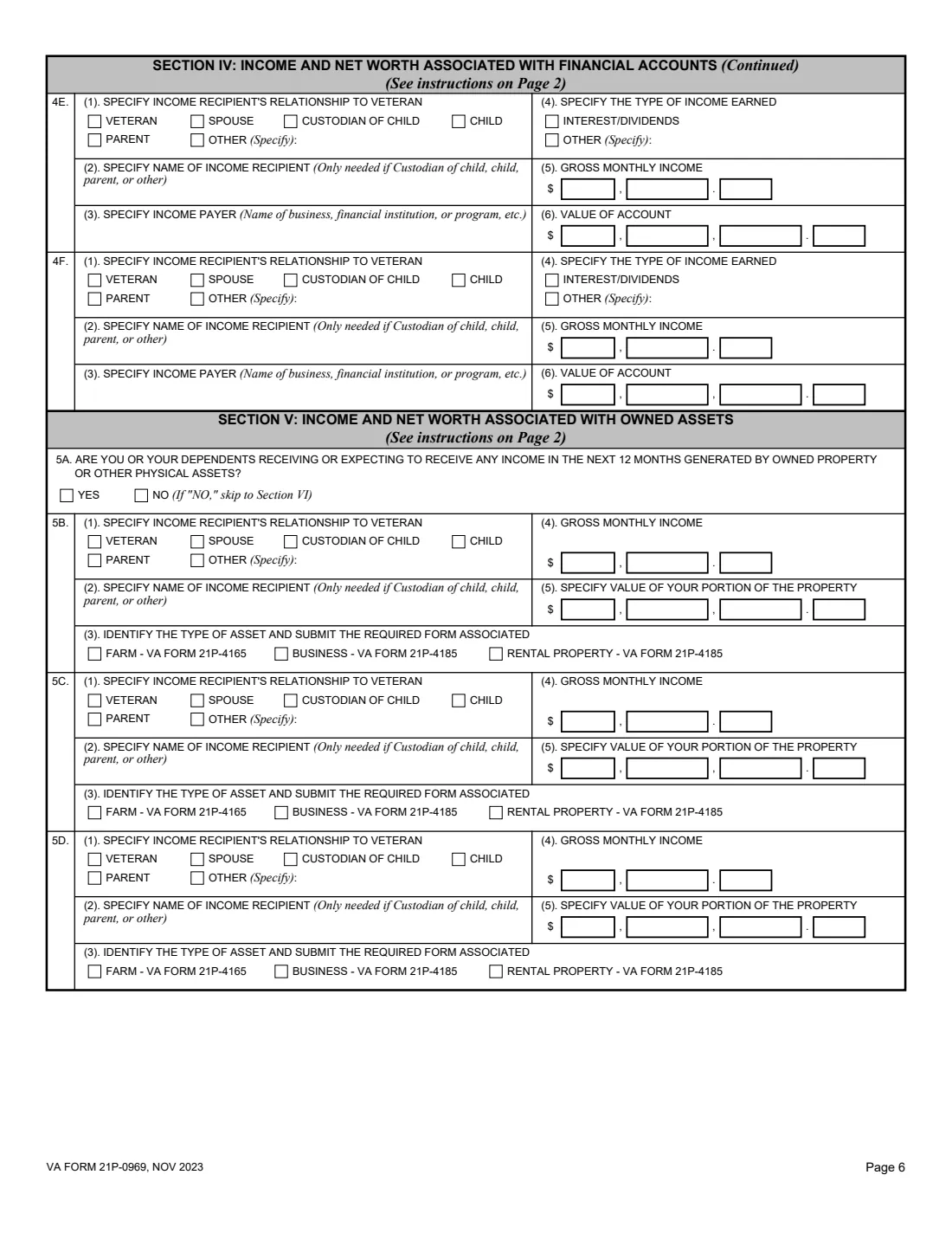VA Form 21P-0969 (2023) Income and Asset Statement in Support of Claim for Pension or Parents' Dependency and Indemnity Compensation (DIC) — page 6 of 11
