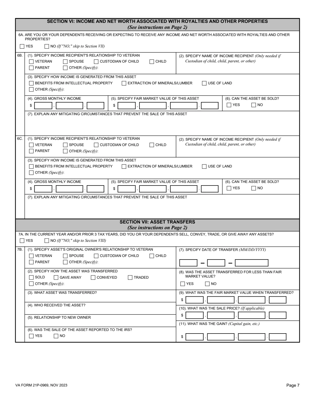 VA Form 21P-0969 (2023) Income and Asset Statement in Support of Claim for Pension or Parents' Dependency and Indemnity Compensation (DIC) — page 7 of 11