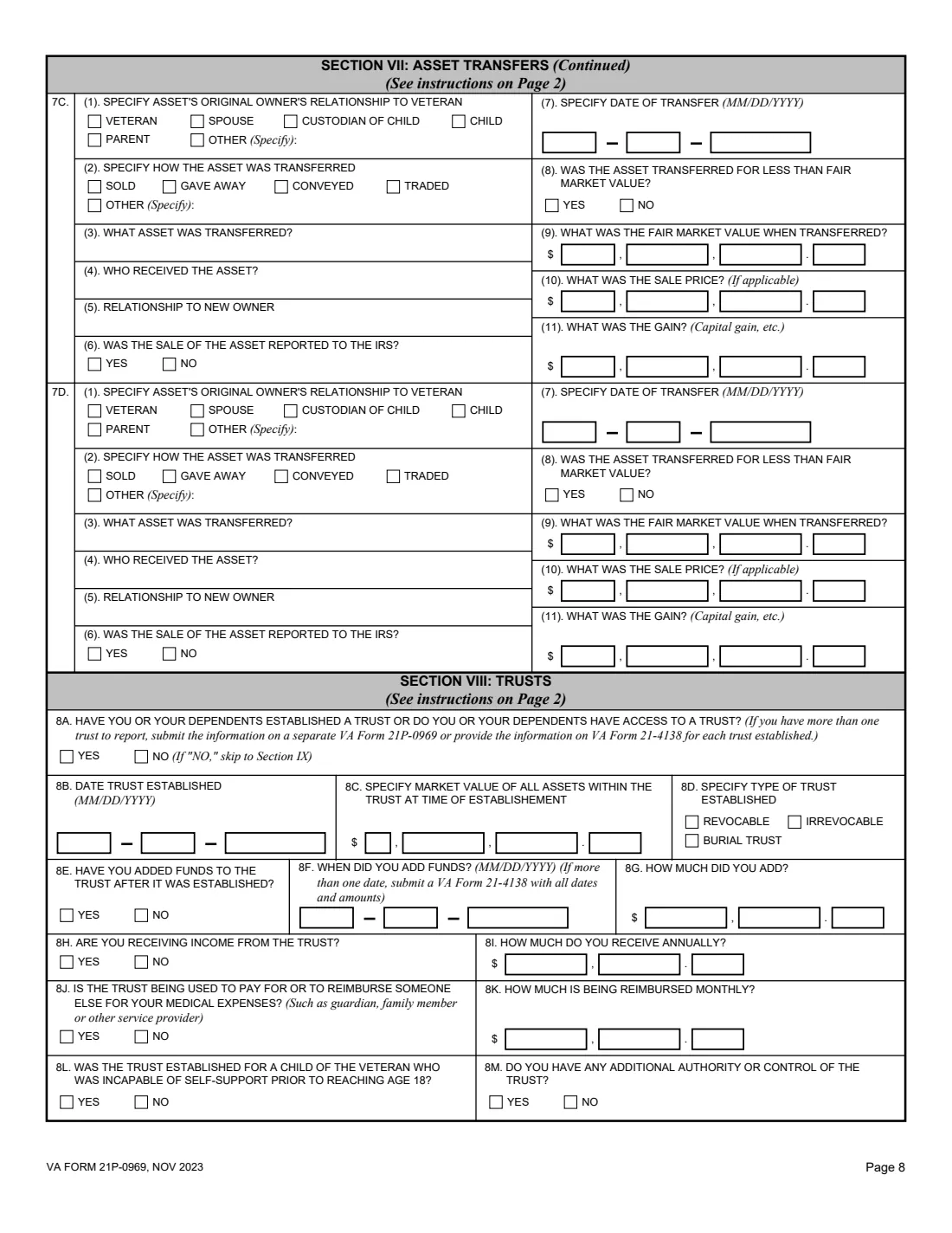 VA Form 21P-0969 (2023) Income and Asset Statement in Support of Claim for Pension or Parents' Dependency and Indemnity Compensation (DIC) — page 8 of 11