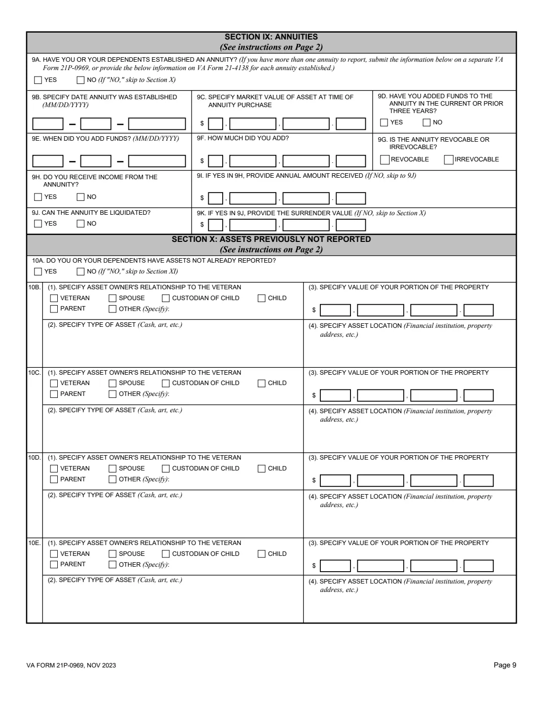 VA Form 21P-0969 (2023) Income and Asset Statement in Support of Claim for Pension or Parents' Dependency and Indemnity Compensation (DIC) — page 9 of 11