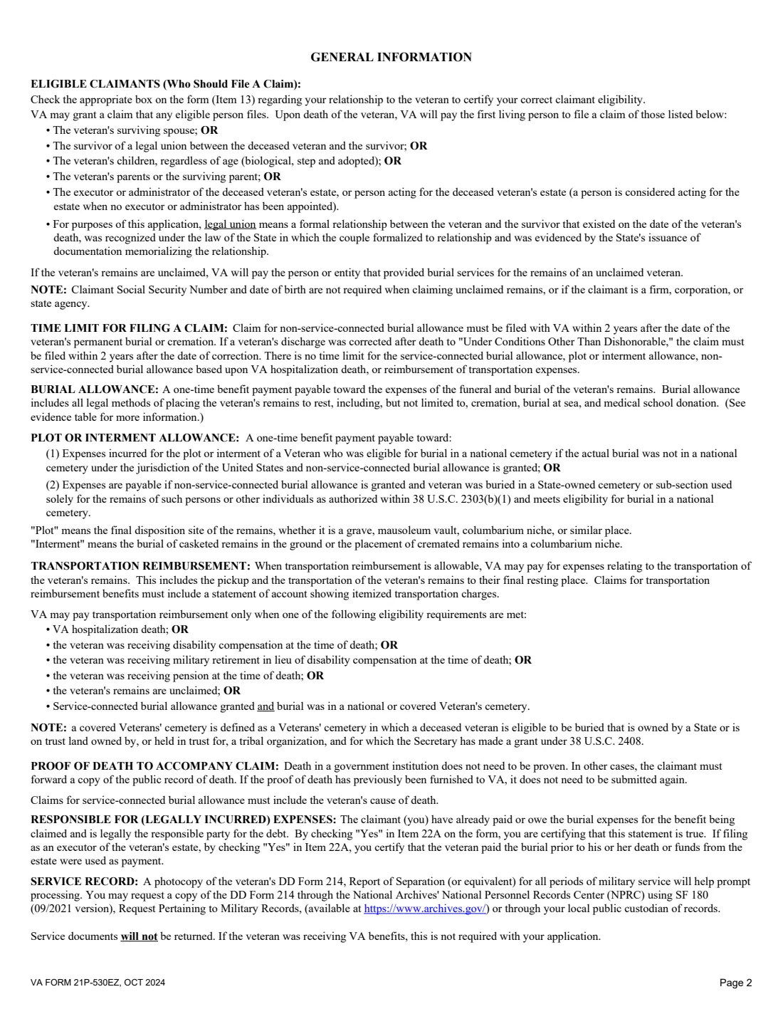 VA Form 21P-530EZ (2024) Application for Burial Benefits (Under 38 U.S.C. Chapter 23) — page 2 of 8