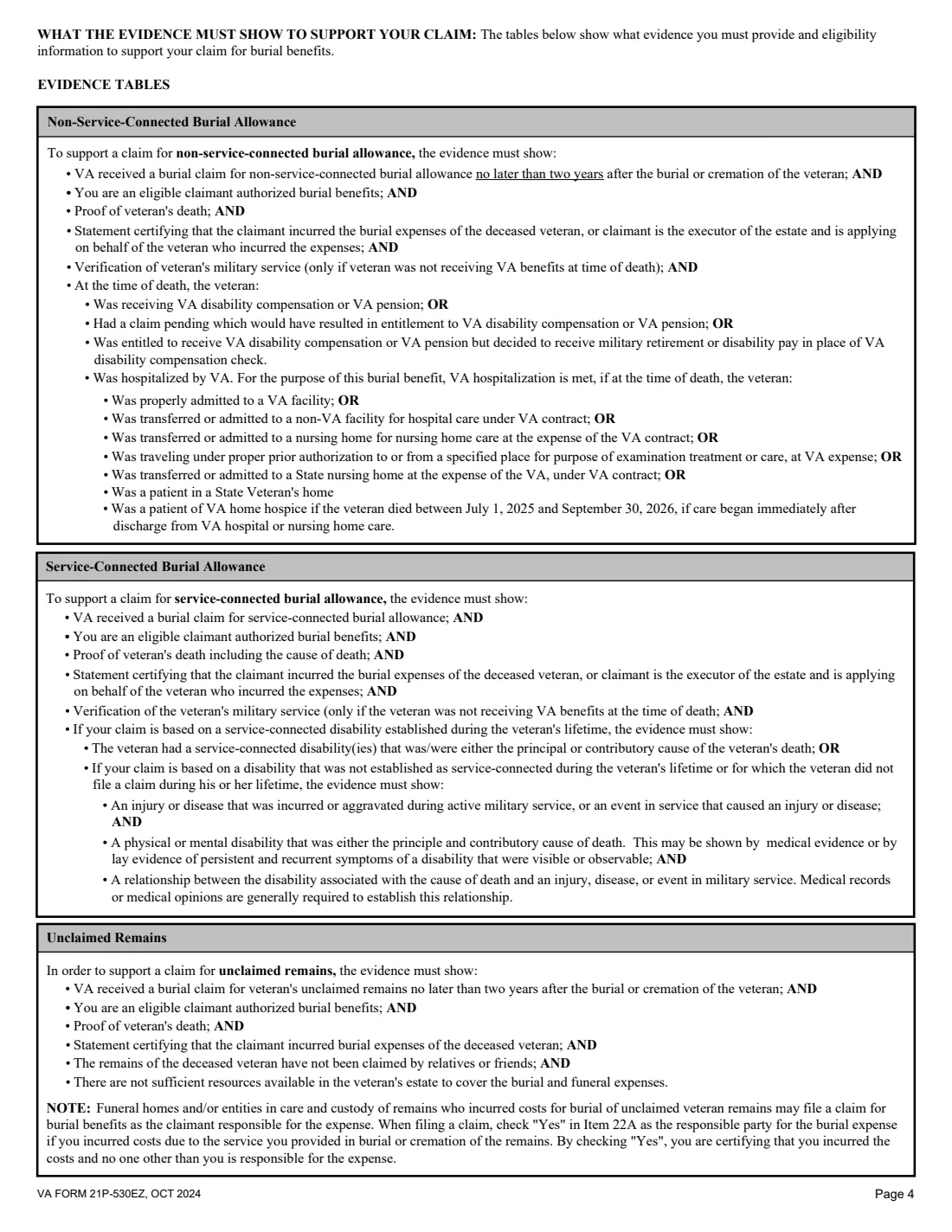 VA Form 21P-530EZ (2024) Application for Burial Benefits (Under 38 U.S.C. Chapter 23) — page 4 of 8
