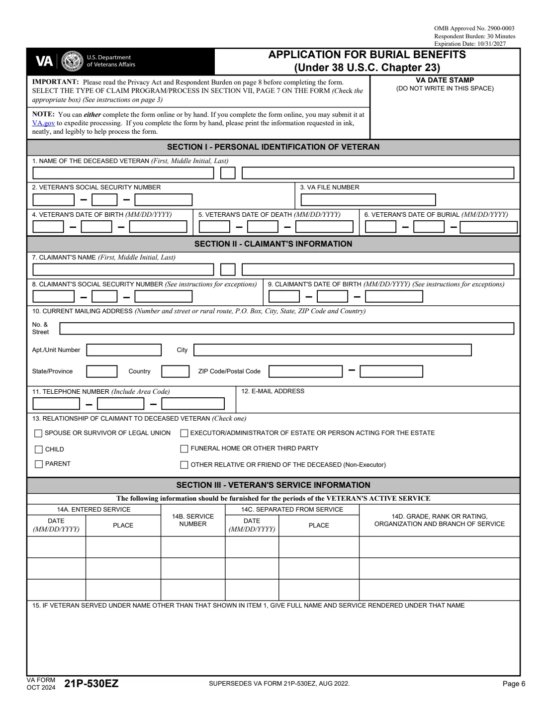 VA Form 21P-530EZ (2024) Application for Burial Benefits (Under 38 U.S.C. Chapter 23) — page 6 of 8
