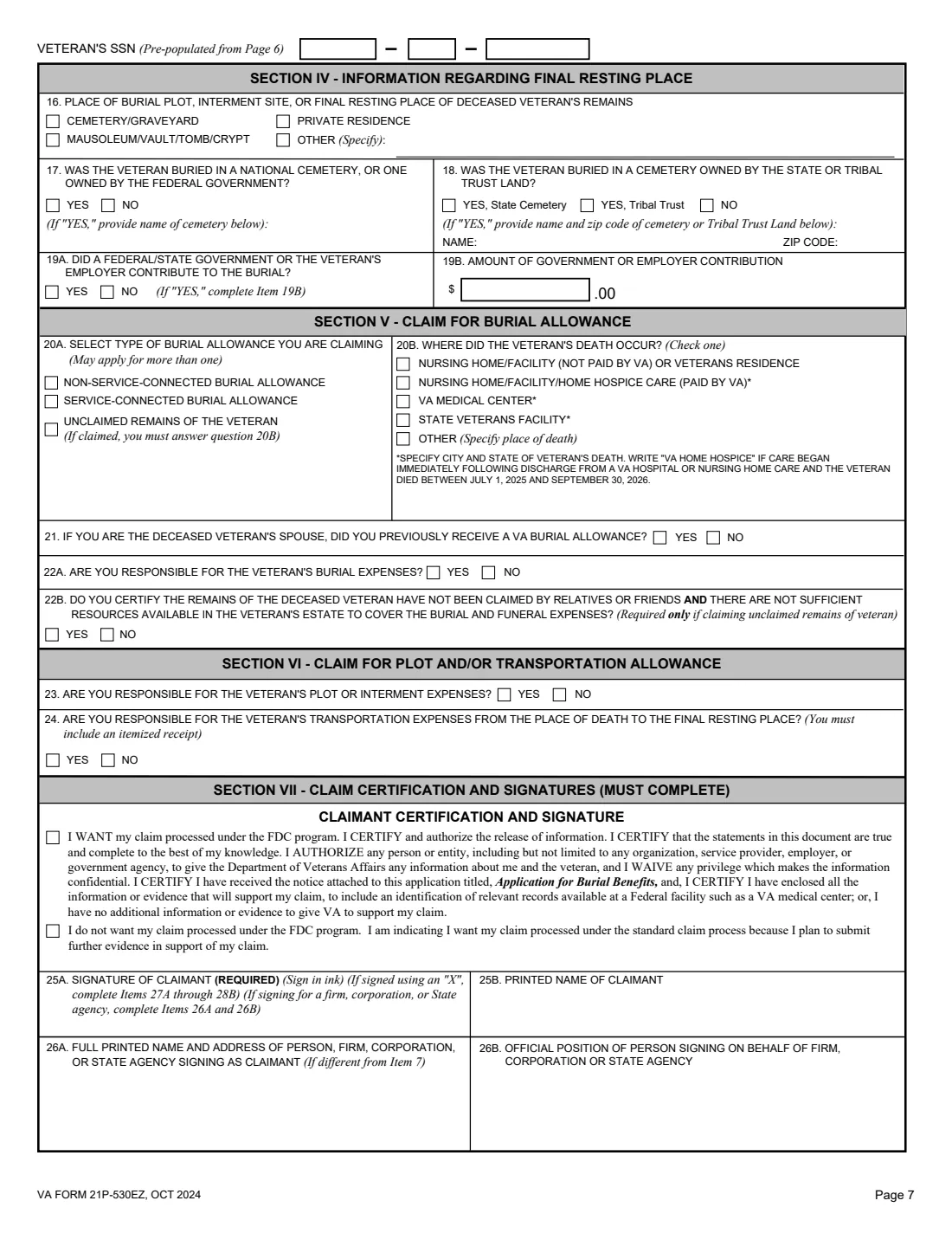 VA Form 21P-530EZ (2024) Application for Burial Benefits (Under 38 U.S.C. Chapter 23) — page 7 of 8