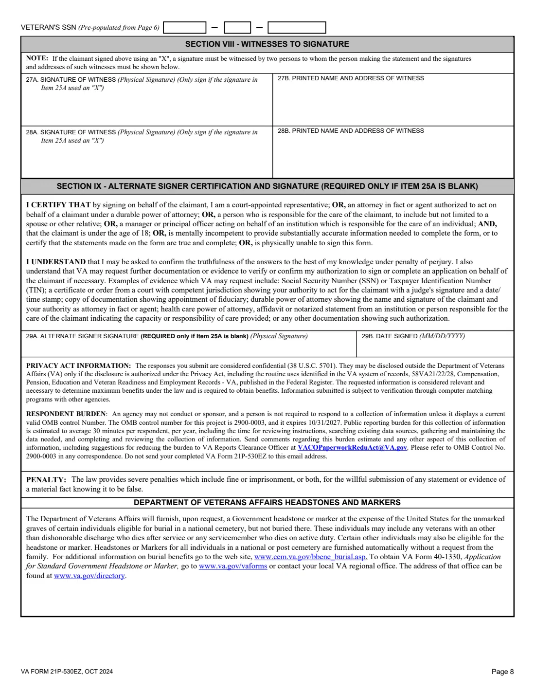 VA Form 21P-530EZ (2024) Application for Burial Benefits (Under 38 U.S.C. Chapter 23) — page 8 of 8