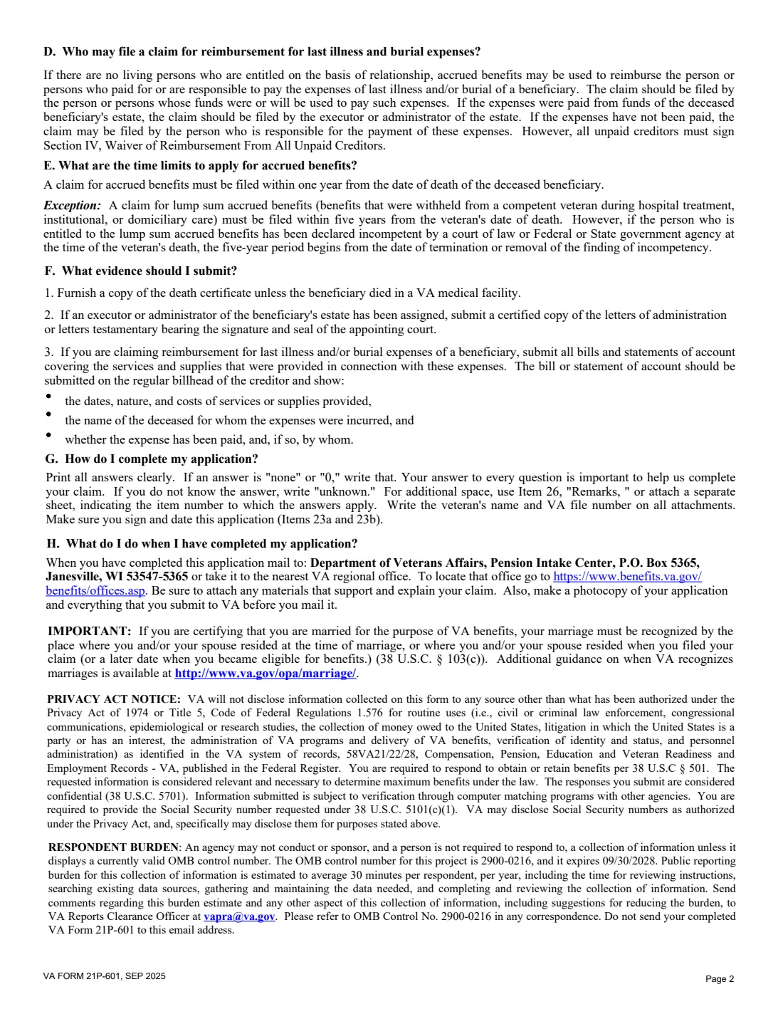 VA Form 21P-601 (2025) Application for Accrued Amounts Due a Deceased Beneficiary — page 2 of 5