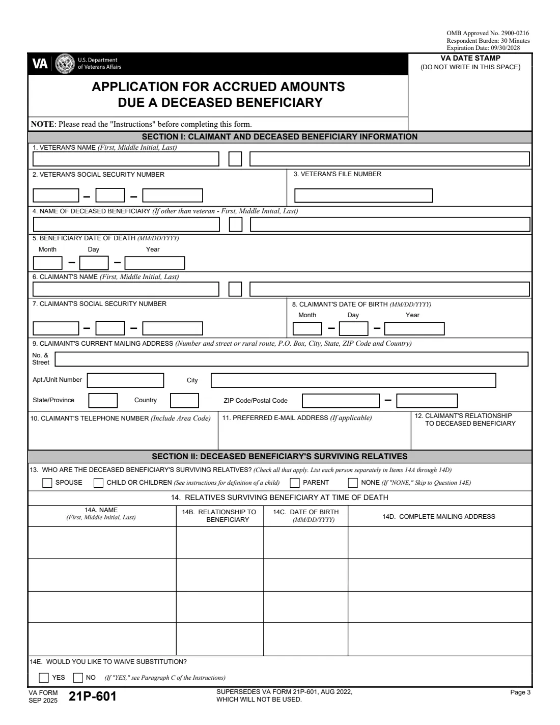 VA Form 21P-601 (2025) Application for Accrued Amounts Due a Deceased Beneficiary — page 3 of 5