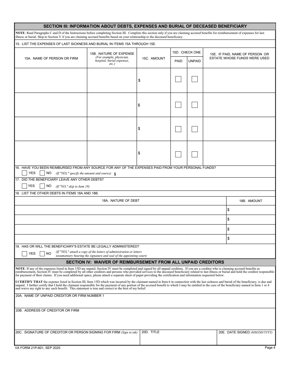 VA Form 21P-601 (2025) Application for Accrued Amounts Due a Deceased Beneficiary — page 4 of 5
