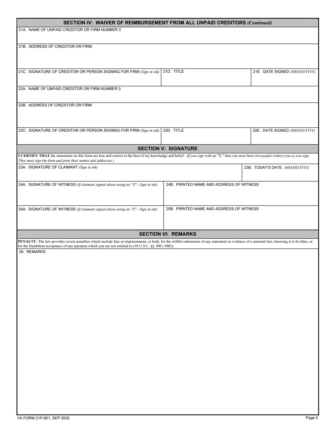 VA Form 21P-601 (2025) Application for Accrued Amounts Due a Deceased Beneficiary — page 5 of 5