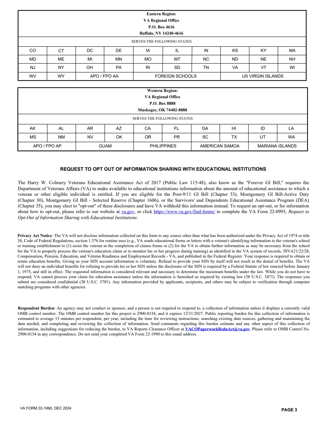 VA Form 22-1990 (2024) Application for VA Education Benefits — page 3 of 7