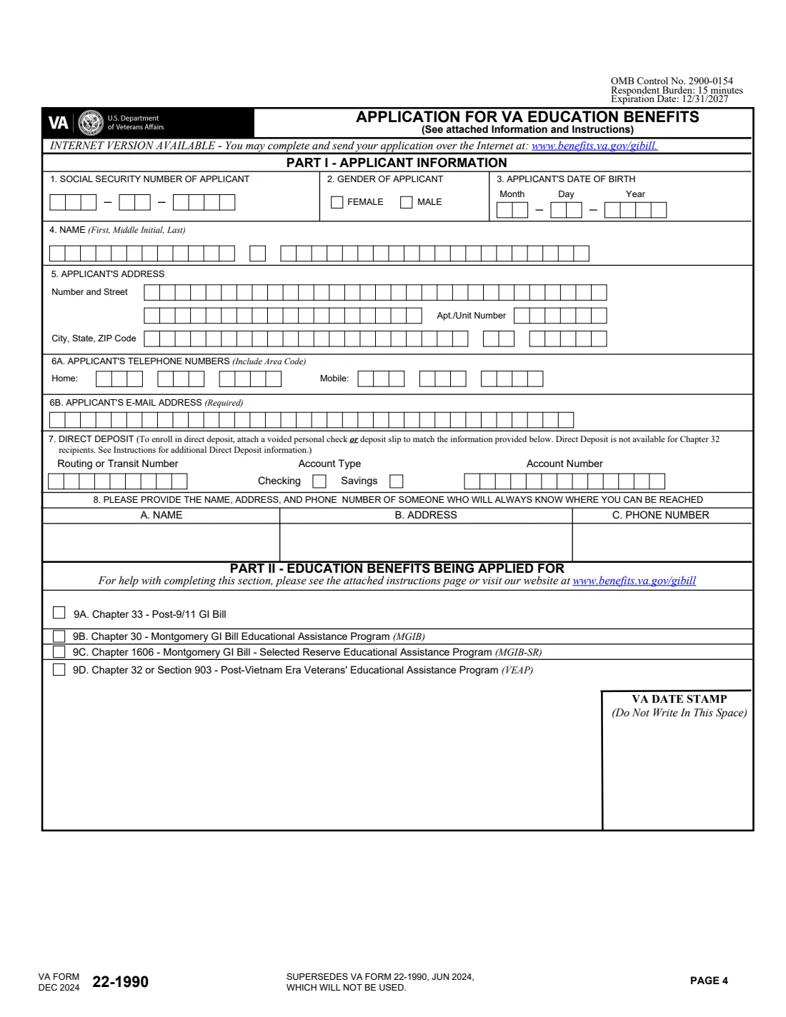 VA Form 22-1990 (2024) Application for VA Education Benefits — page 4 of 7