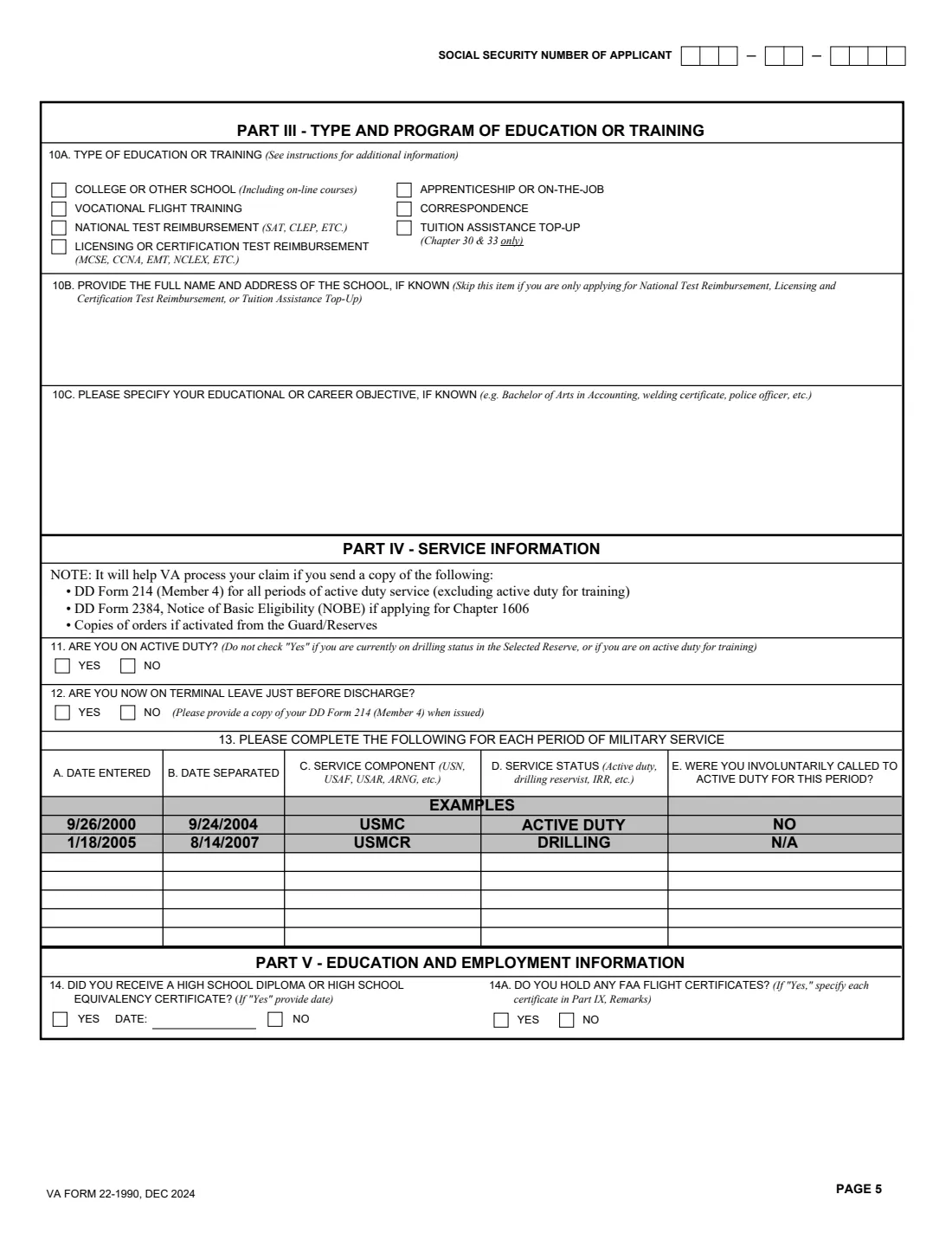 VA Form 22-1990 (2024) Application for VA Education Benefits — page 5 of 7