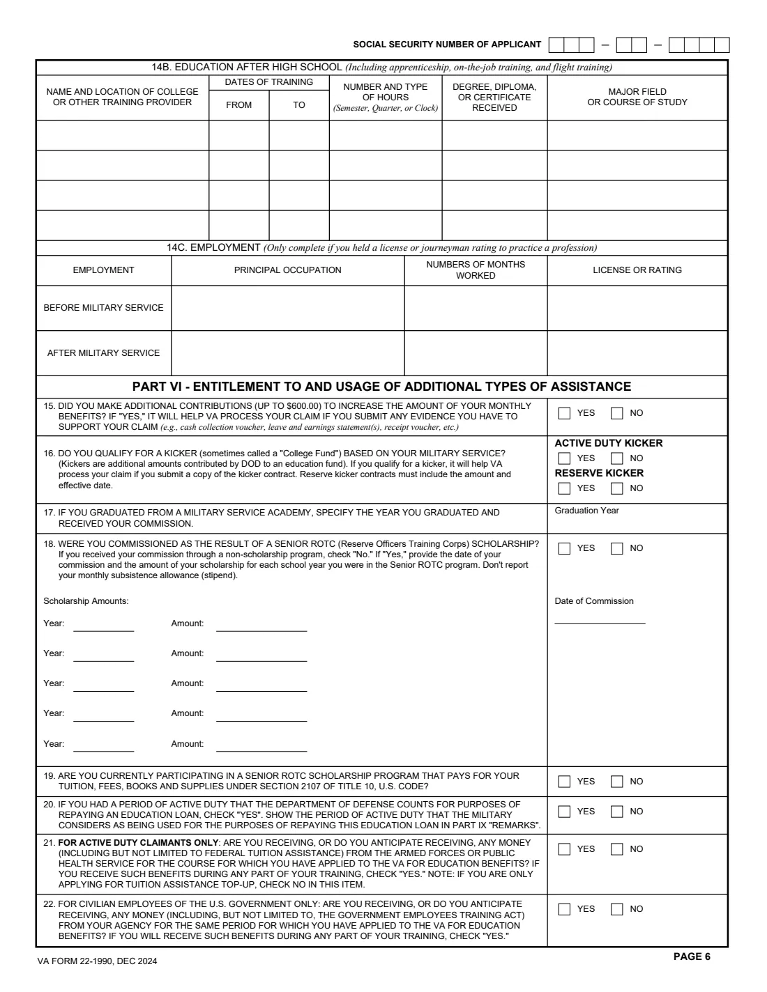VA Form 22-1990 (2024) Application for VA Education Benefits — page 6 of 7