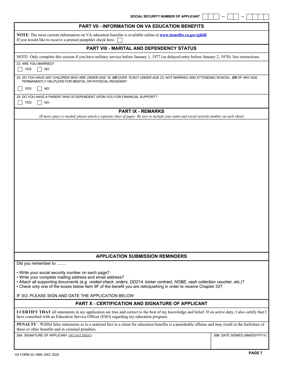 VA Form 22-1990 (2024) Application for VA Education Benefits — page 7 of 7