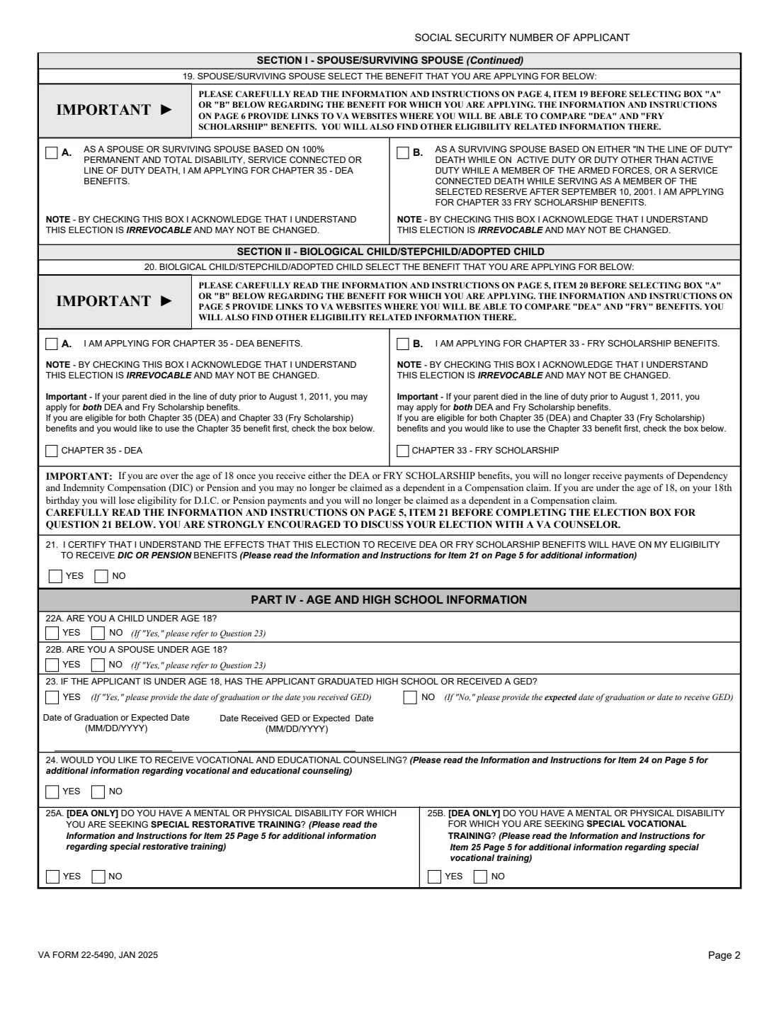 VA Form 22-5490 (2025) Dependents' Application for VA Education Benefits (Under Provisions of Chapters 33 and 35, of Title 38, U.S.C.) — page 2 of 7