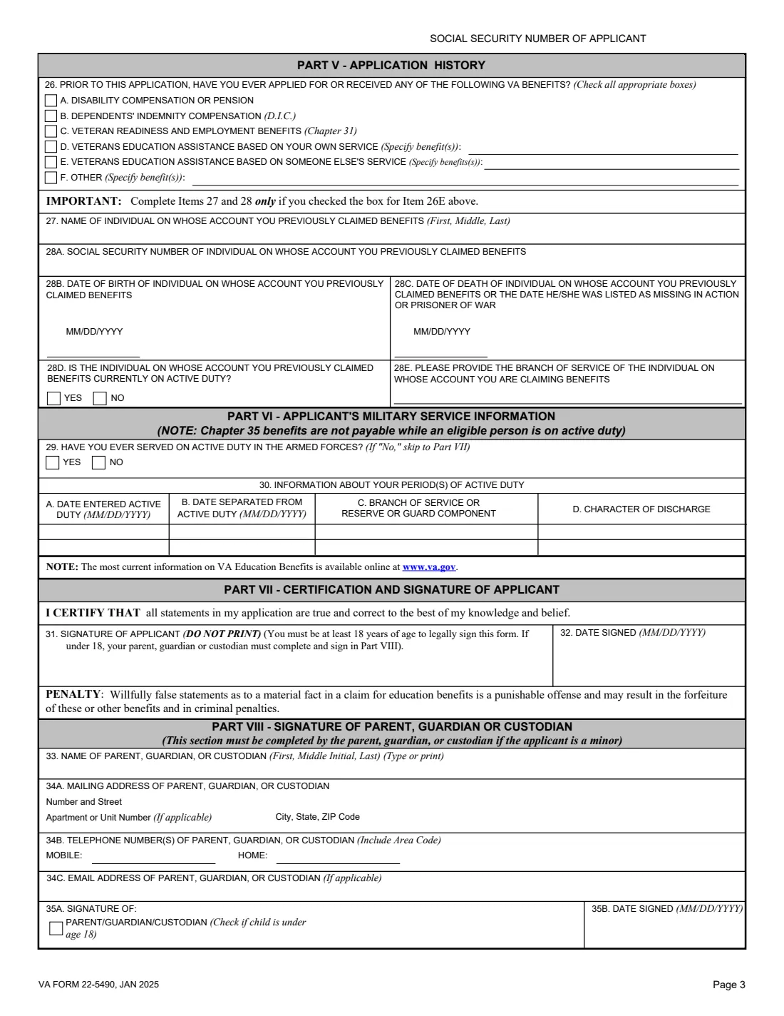 VA Form 22-5490 (2025) Dependents' Application for VA Education Benefits (Under Provisions of Chapters 33 and 35, of Title 38, U.S.C.) — page 3 of 7