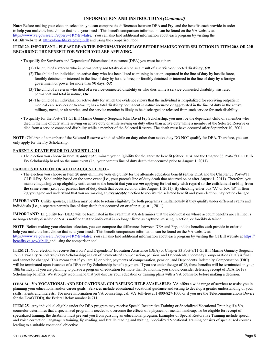 VA Form 22-5490 (2025) Dependents' Application for VA Education Benefits (Under Provisions of Chapters 33 and 35, of Title 38, U.S.C.) — page 5 of 7