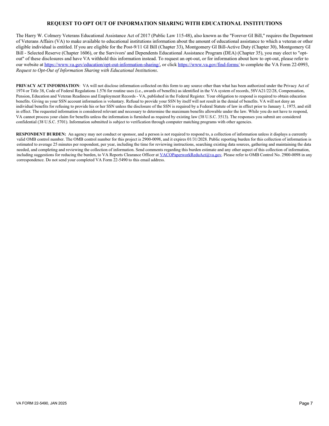 VA Form 22-5490 (2025) Dependents' Application for VA Education Benefits (Under Provisions of Chapters 33 and 35, of Title 38, U.S.C.) — page 7 of 7