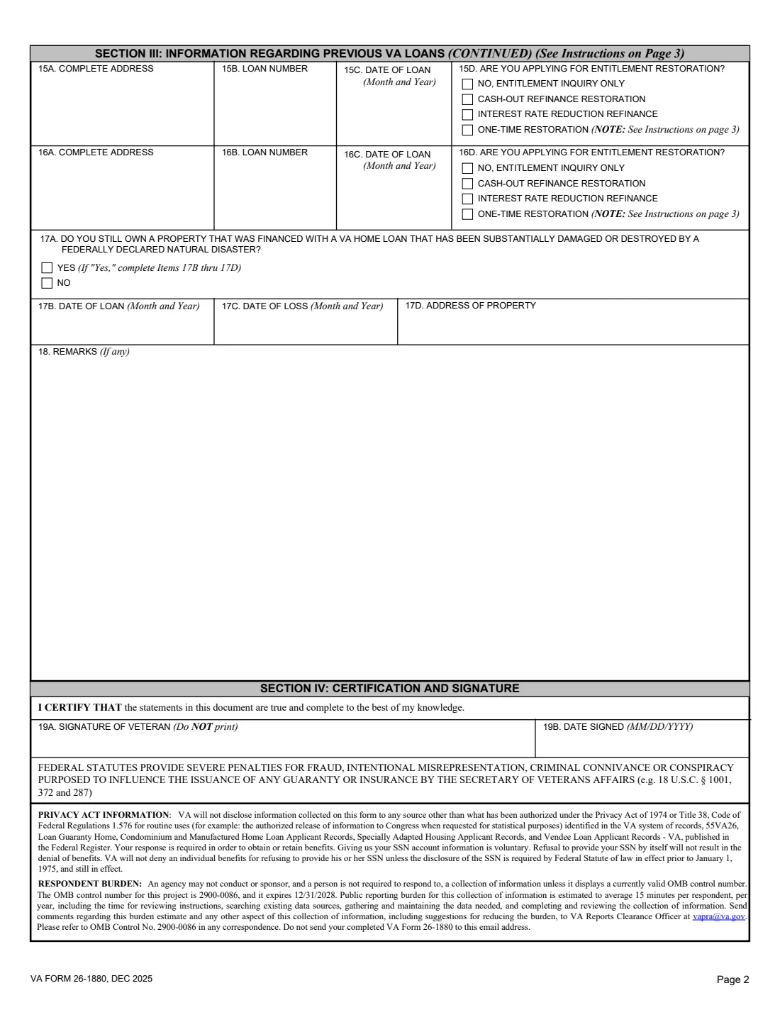VA Form 26-1880 (2025) Request for a Certificate of Eligibility — page 2 of 4