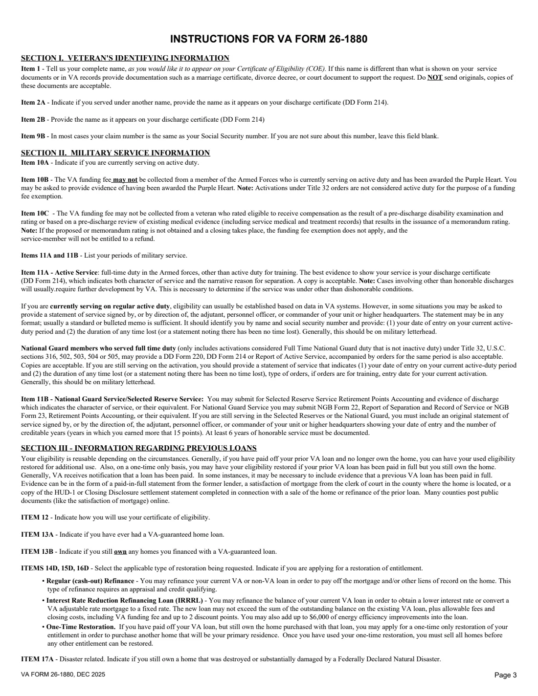 VA Form 26-1880 (2025) Request for a Certificate of Eligibility — page 3 of 4