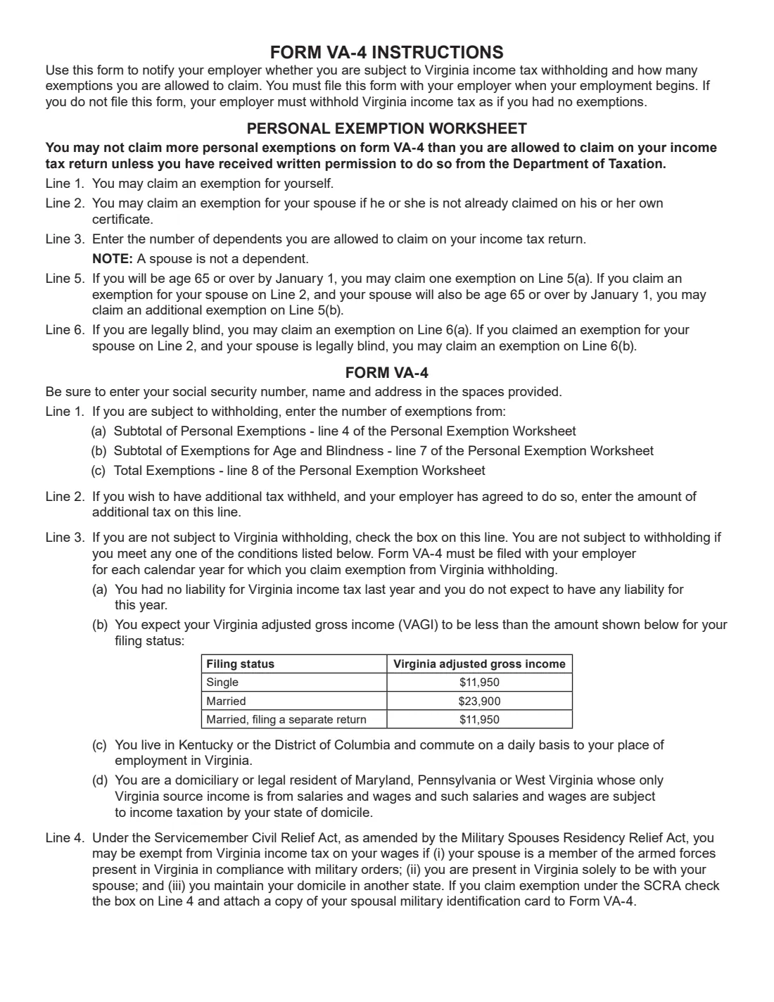 Form VA-4 (2026) Employee's Virginia Income Tax Withholding Exemption Certificate — page 2 of 2
