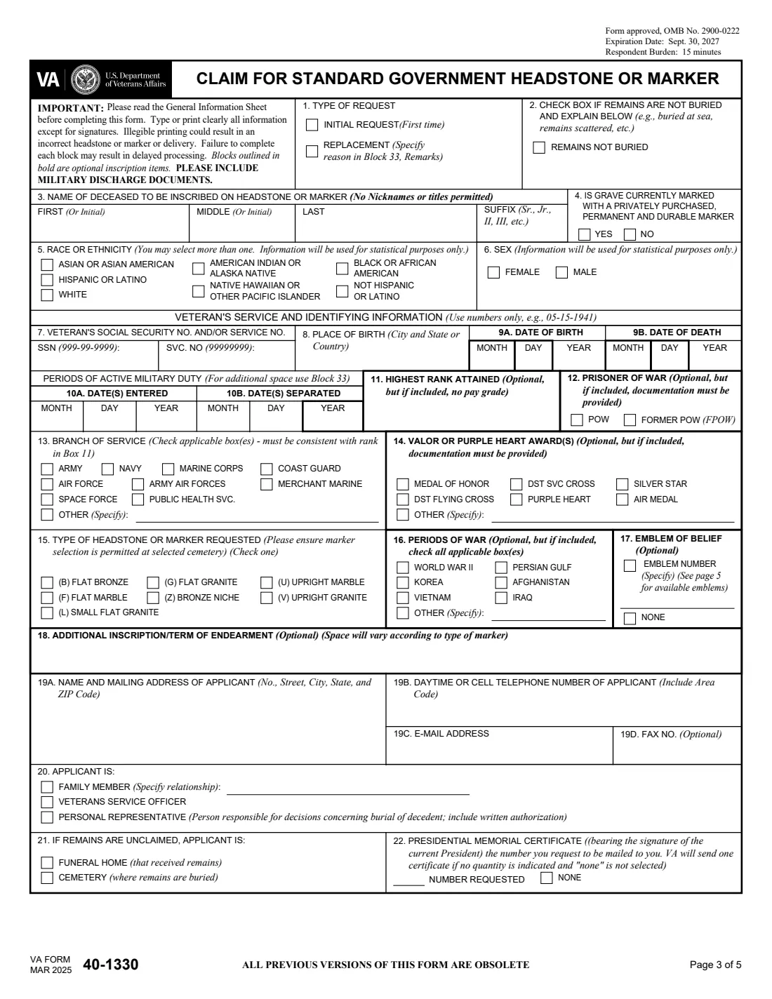 VA Form 40-1330 (2025) Claim for Standard Government Headstone or Marker — page 3 of 5