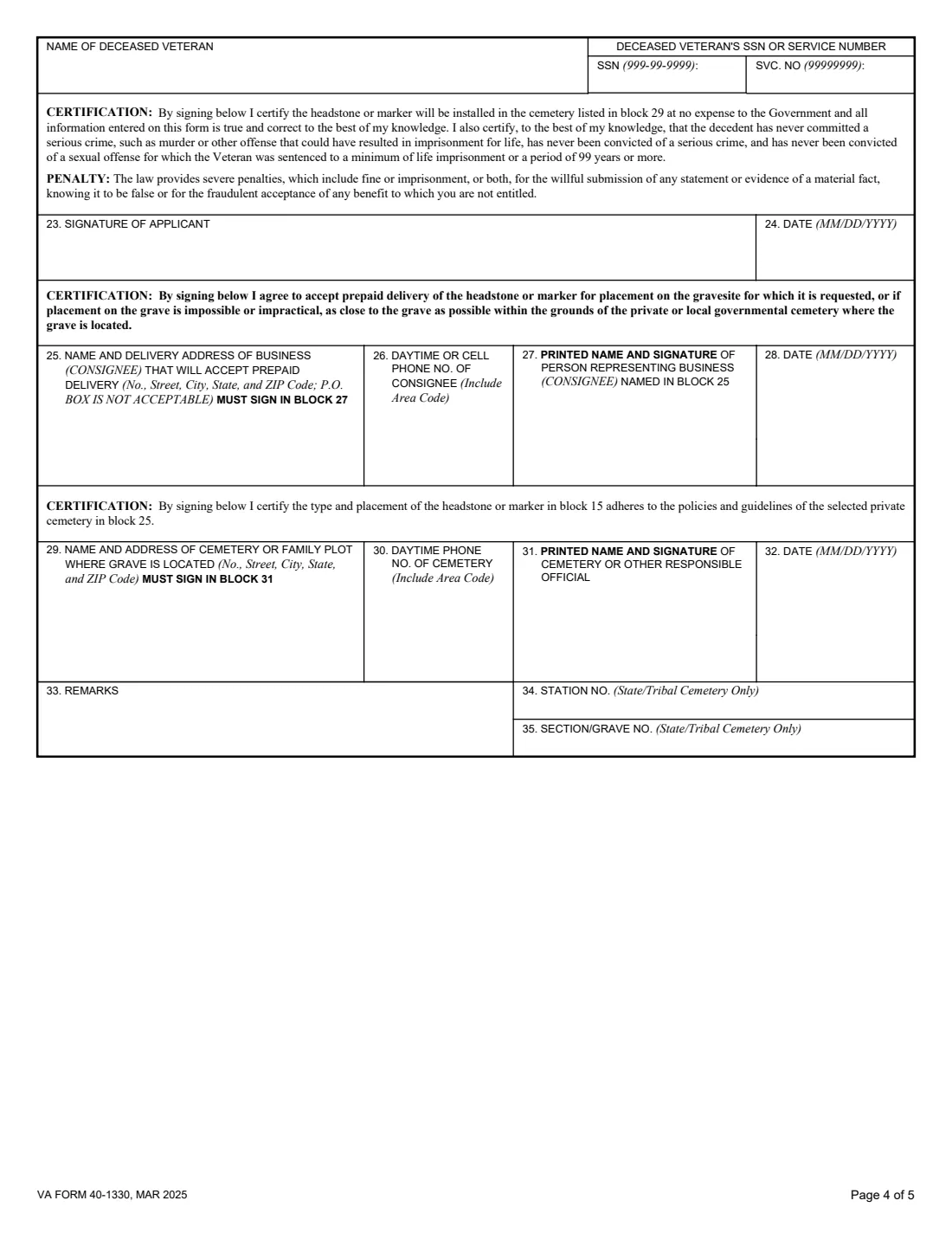 VA Form 40-1330 (2025) Claim for Standard Government Headstone or Marker — page 4 of 5