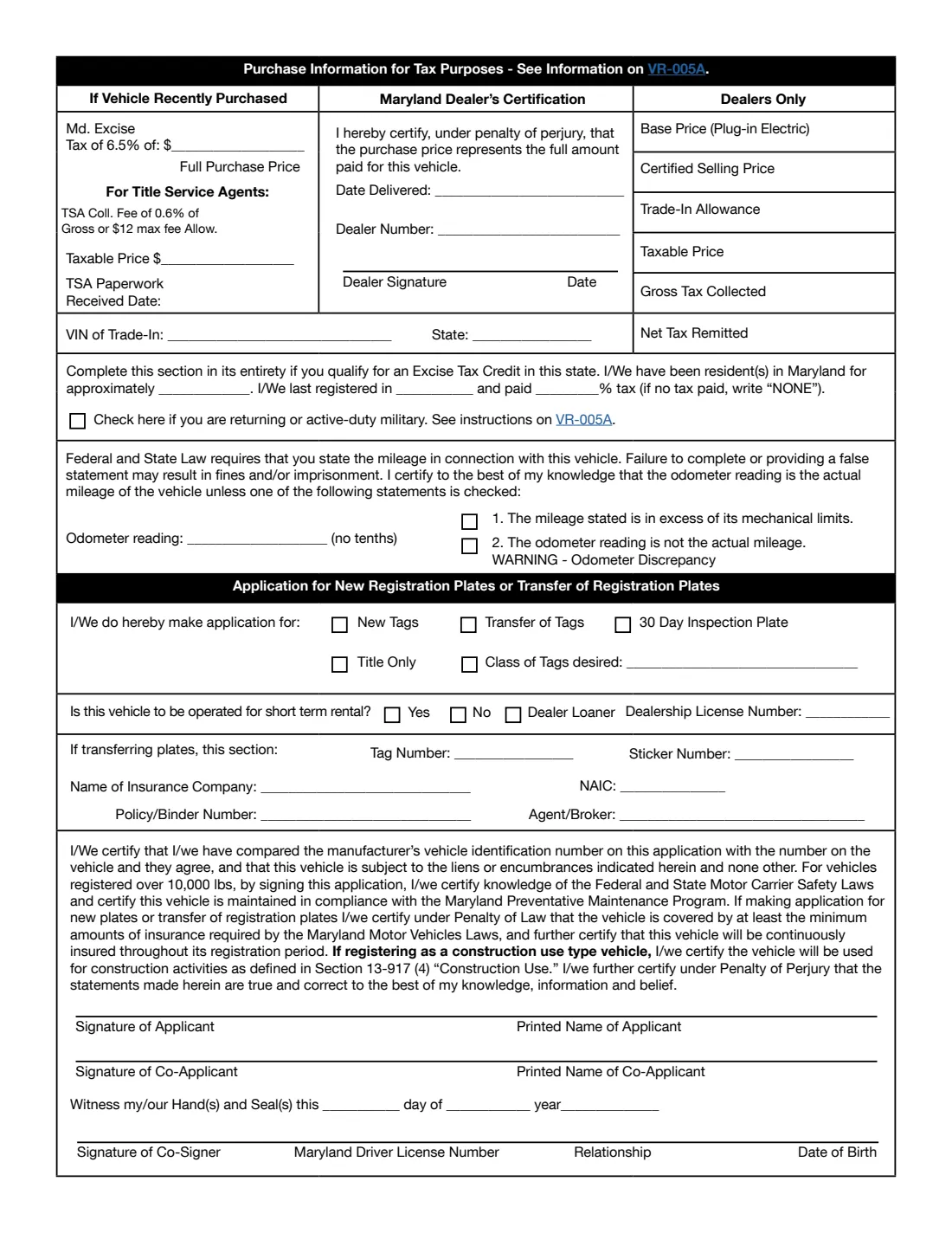 Form VR-005 (2026) Application for Certificate of Title (Maryland) — page 2 of 2