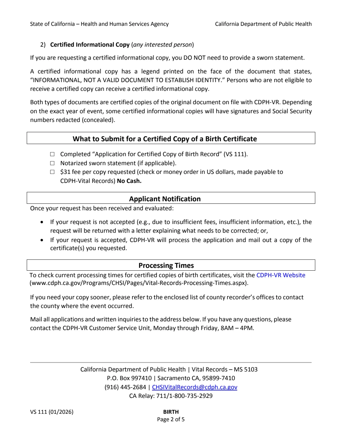 VS 111 (2026) Application for Certified Copy of Birth Record (California) — page 2 of 8